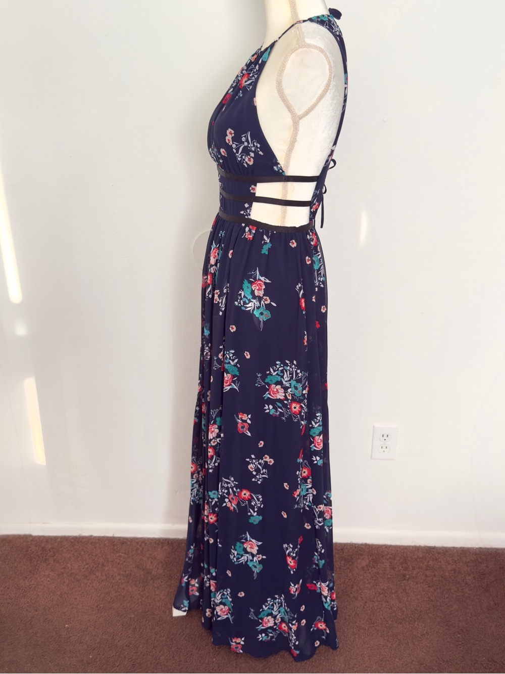Express Floral Halter MaxiDress NavyBlue Caged Waist Cut Out Sexy Festival Small - Picture 4 of 9